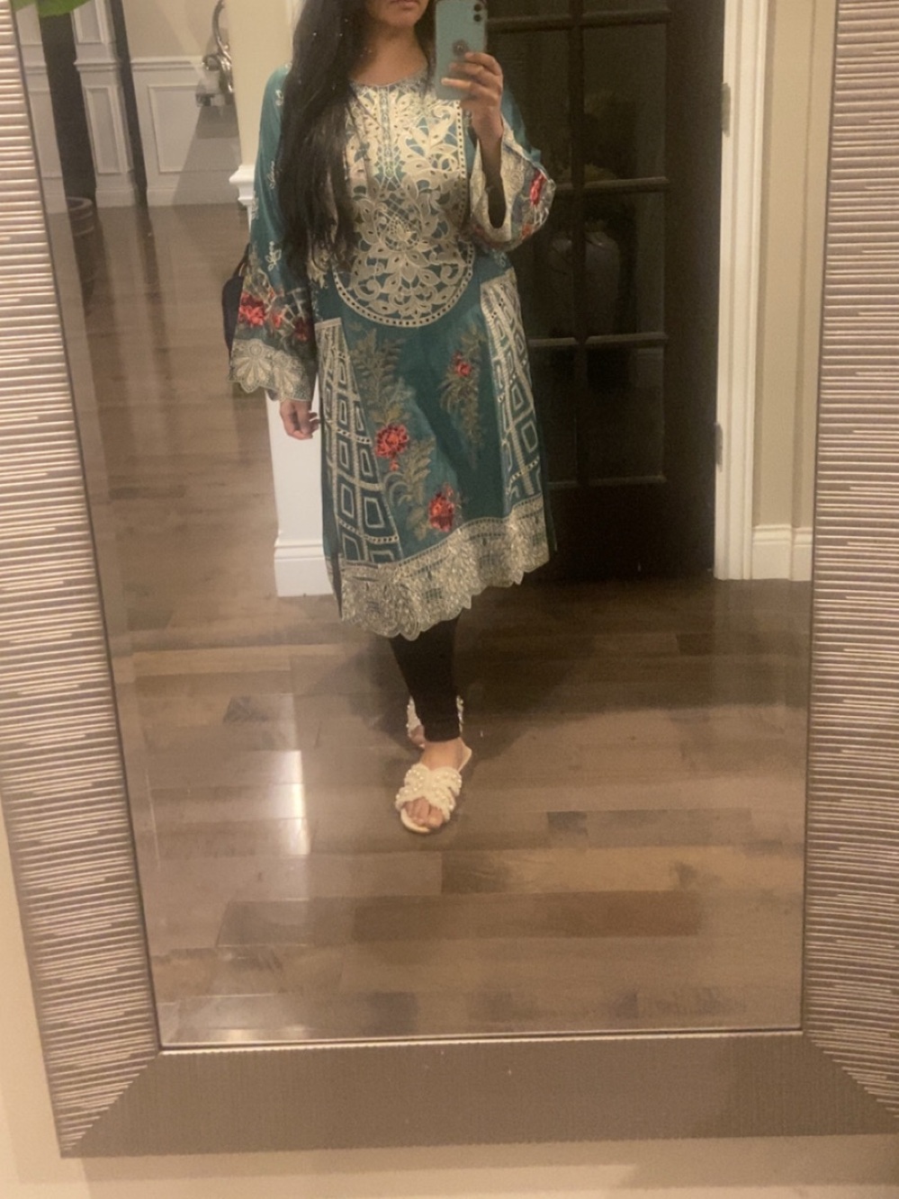 Teal Floral Embroidered Long Kurta Kameez